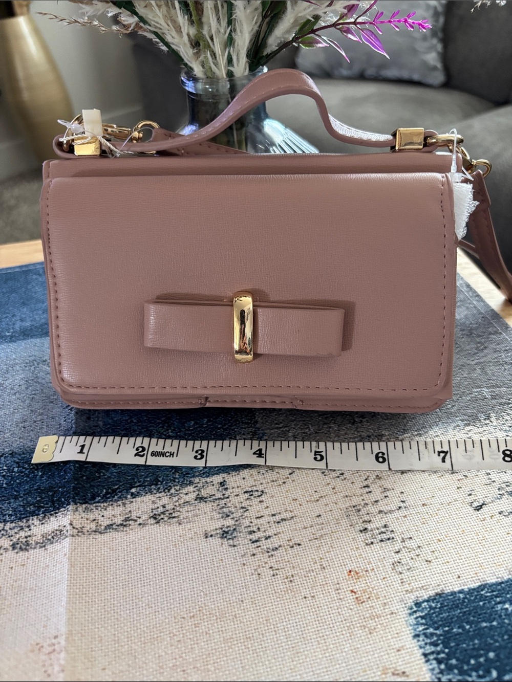 Madison West Small Dusty Pink Bow Crossbody Bag with Gold Hardware - Picture 9 of 10